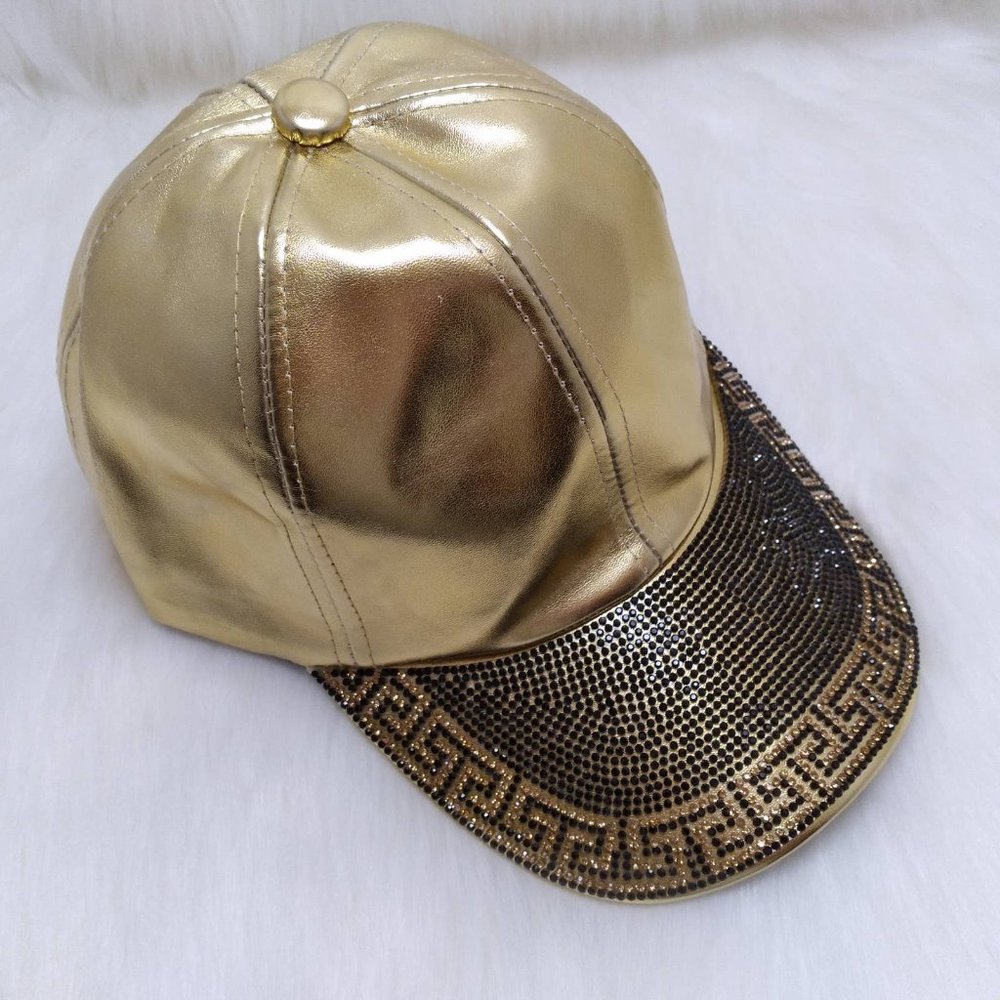 Rhinestone Cap Gold PU Leather Fashion Hat